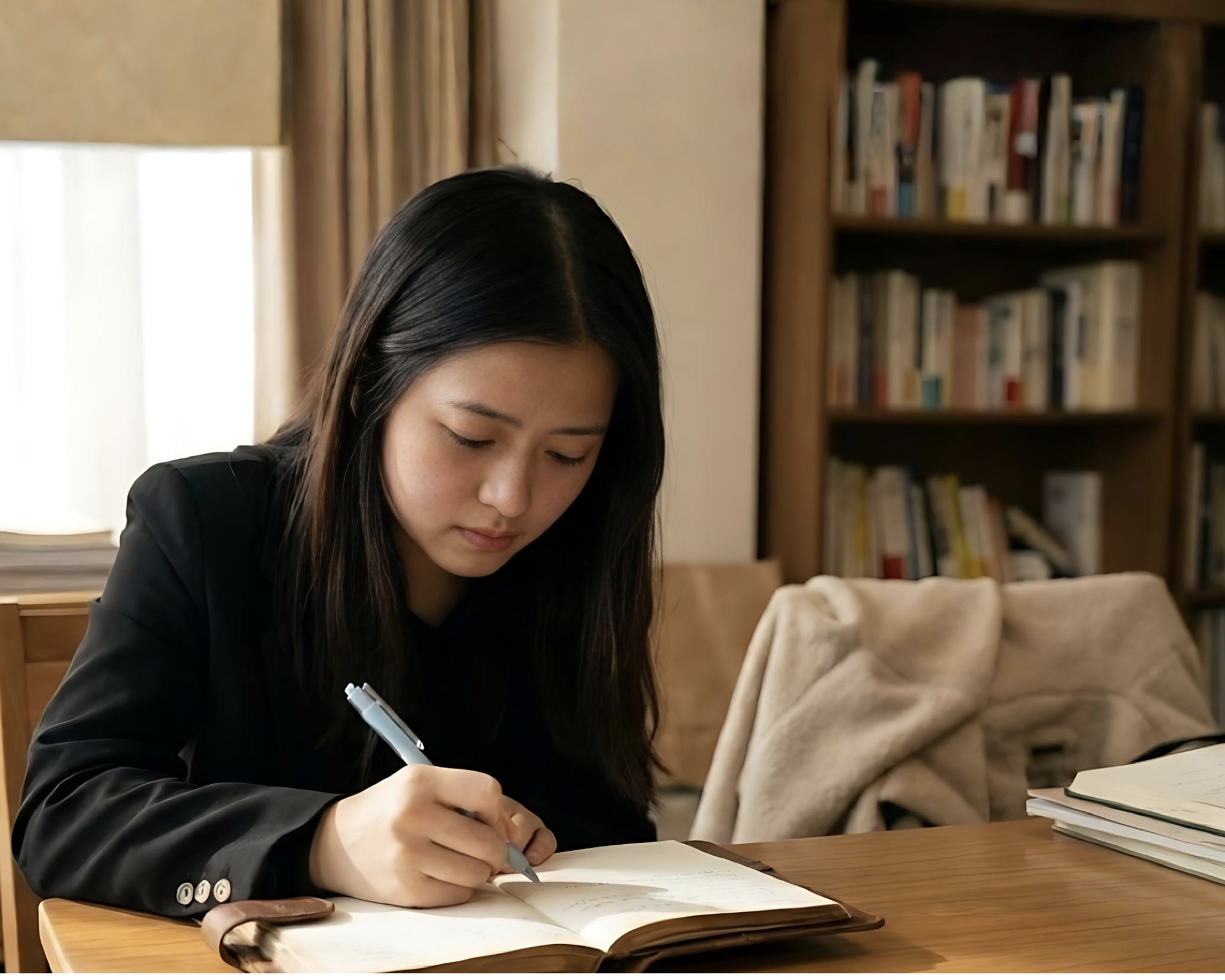 書櫃與木桌前安靜寫字的暖色寫實照片