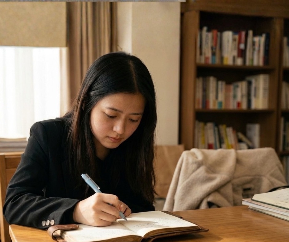 書櫃與木桌前安靜寫字的暖色寫實照片