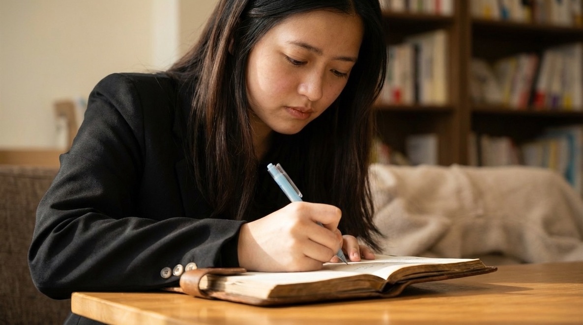 在木桌前翻開筆記本書寫的暖色寫實照片