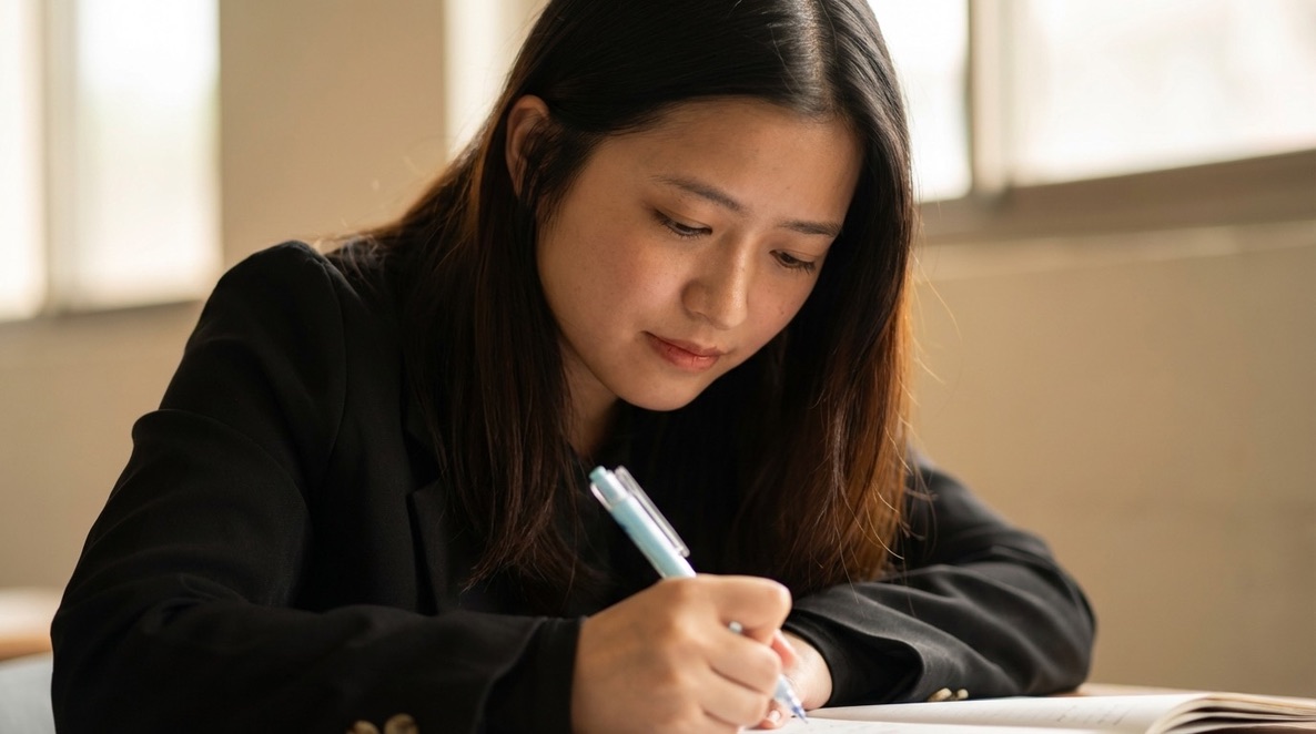 柔和自然光裡專注寫筆記的暖色寫實照片